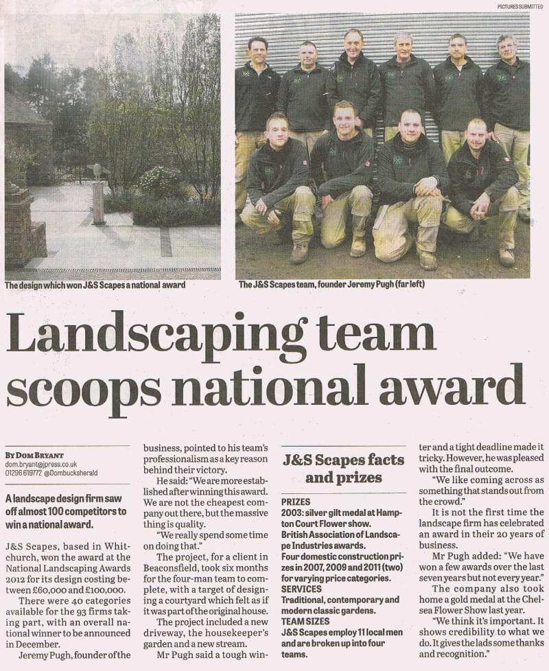 J&S Scapes Featured In The Bucks Herald After Winning Award