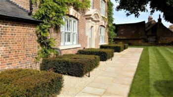 Squares of Yew run along the front of the house in Wingrave J&S Scapes